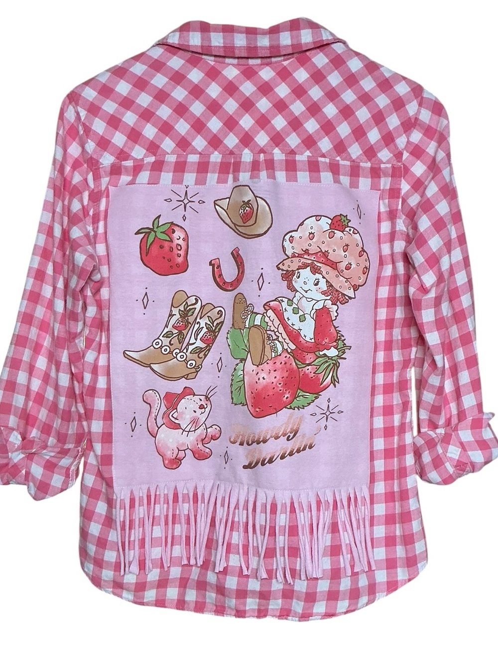 Strawberry Shortcake Upcycled Top Flannel Shirt Western Fringe Cowgirl - Picture 1 of 13